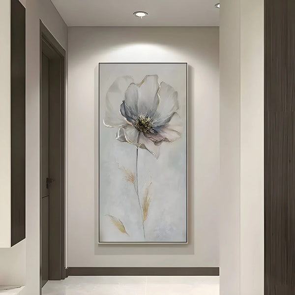 A vertical abstract floral painting with soft grey-white flowers layered over a textured neutral background in a minimalist style.