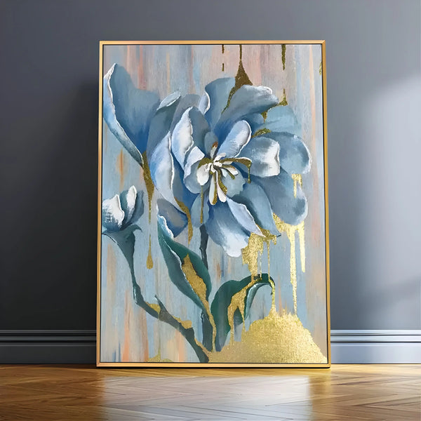 A vertical abstract flower painting in blue and gold tones, with delicate watercolor textures and subtle metallic accents.