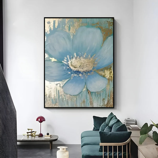 A vertical abstract flower painting in blue and gold with bold textured detail.
