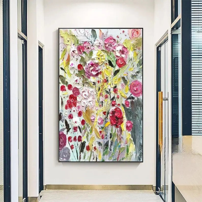 A vertical abstract flower painting in pink and yellow tones, with textured blossoms and a soft landscape background in a Bohemian-inspired style.