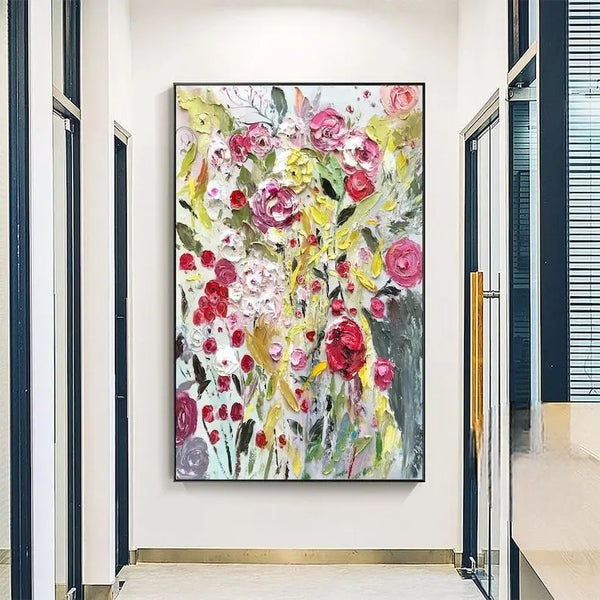 A vertical abstract flower painting in pink and yellow tones, with textured blossoms and a soft landscape background in a Bohemian-inspired style.
