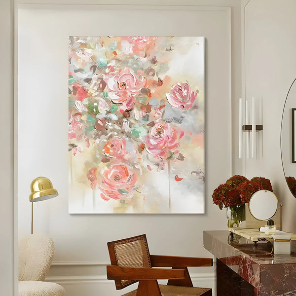 A vertical abstract flower painting with textured pink petals and a neutral background.