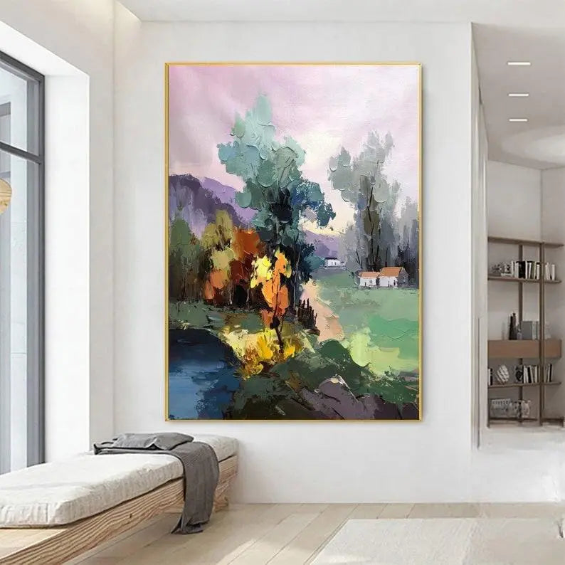  A vertical abstract landscape painting by Adi Cheng. It features textured pink trees and green fields depicting a colorful countryside scene.
