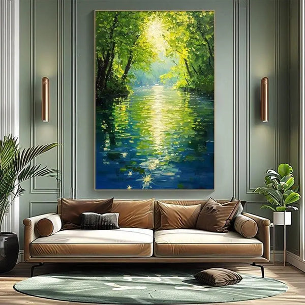 A vertical abstract landscape painting of a green forest with sunlight filtering through the trees and a quiet, shiny river running below.