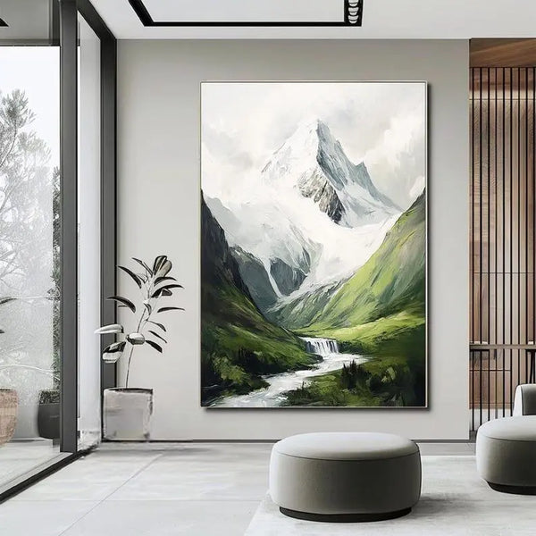 A vertical abstract mountain painting in green and white, with textured snow-covered peaks and a cascading waterfall flowing through the landscape.