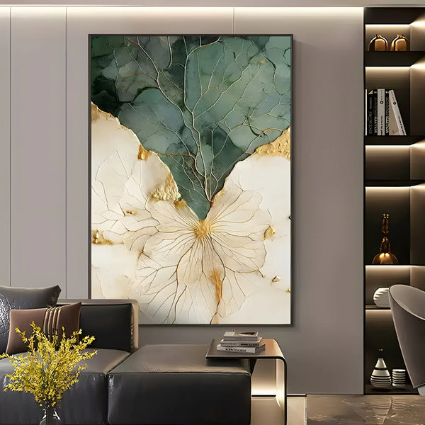 A vertical abstract painting in yellow and green with leaf-like patterns and cracked textures resembling natural foliage.