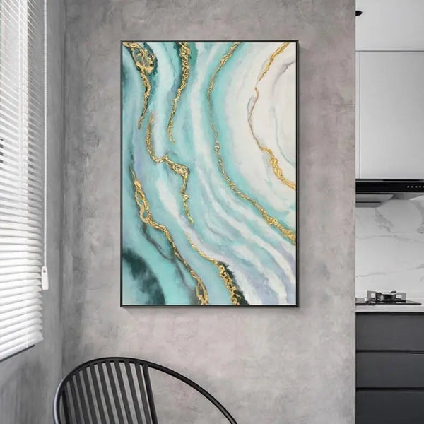 A vertical abstract seascape painting with blue ocean tones and flowing gold accents resembling waves and shoreline textures.