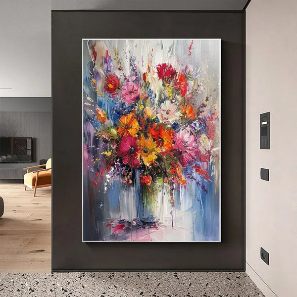 A vertical textured painting of a flower vase with bright pink and blue flowers, set against a soft abstract background with expressive strokes.