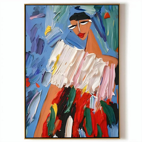 A vertical textured wall art of a brown-skin girl dressed in a white and red dress, against a blue and green backdrop. 