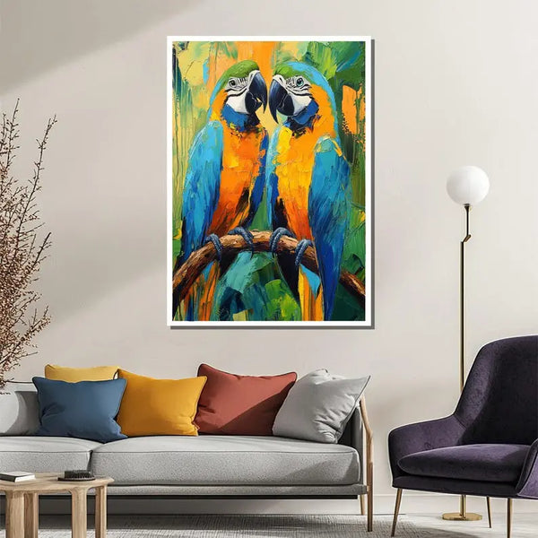  A vibrant painting of two colorful parrots perched on a branch