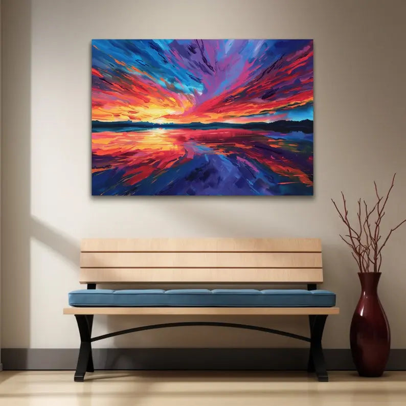 A vibrant sunset painting with hues of orange, pink, and purple