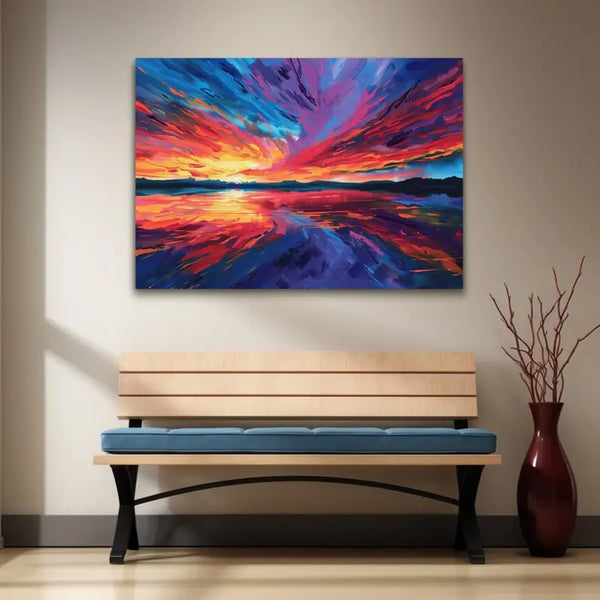A vibrant sunset painting with hues of orange, pink, and purple