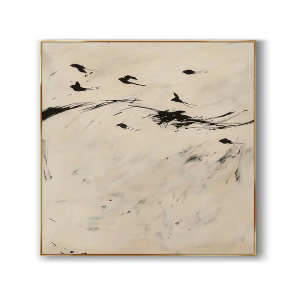 An abstract Wabi-Sabi art with black swallows flying in the beige canvas 