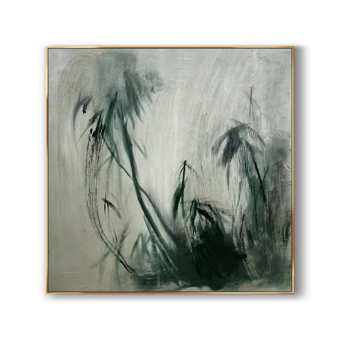 An abstract Wabi-Sabi art with green bamboos flying in the beige canvas