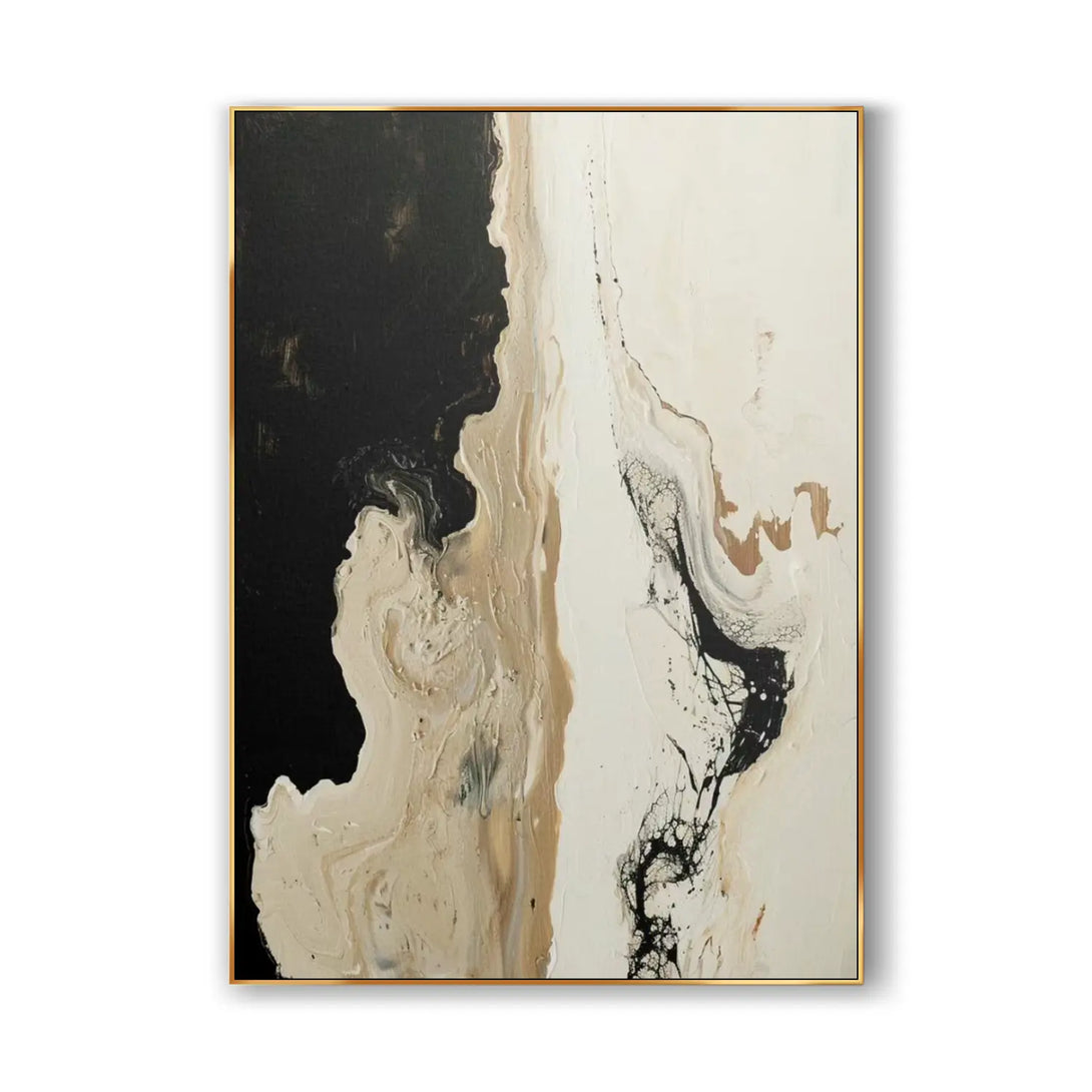 A vertical abstract Wabi-Sabi art with black and white as the main color, and earthy-yellow, brown, gold, ink-green as secondary colors.