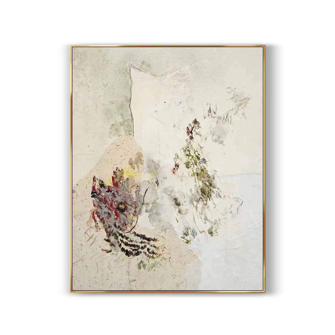 A vertical abstract Wabi-Sabi art depicting flowers and plants vaguely