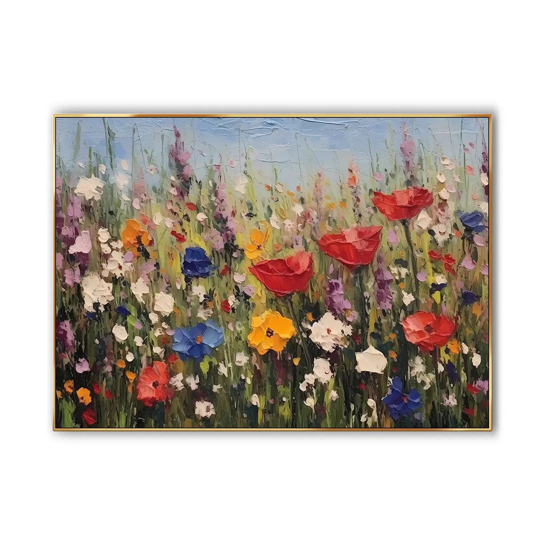 An abstract textured painting with many flowers in red, yellow, blue, pink, etc. 