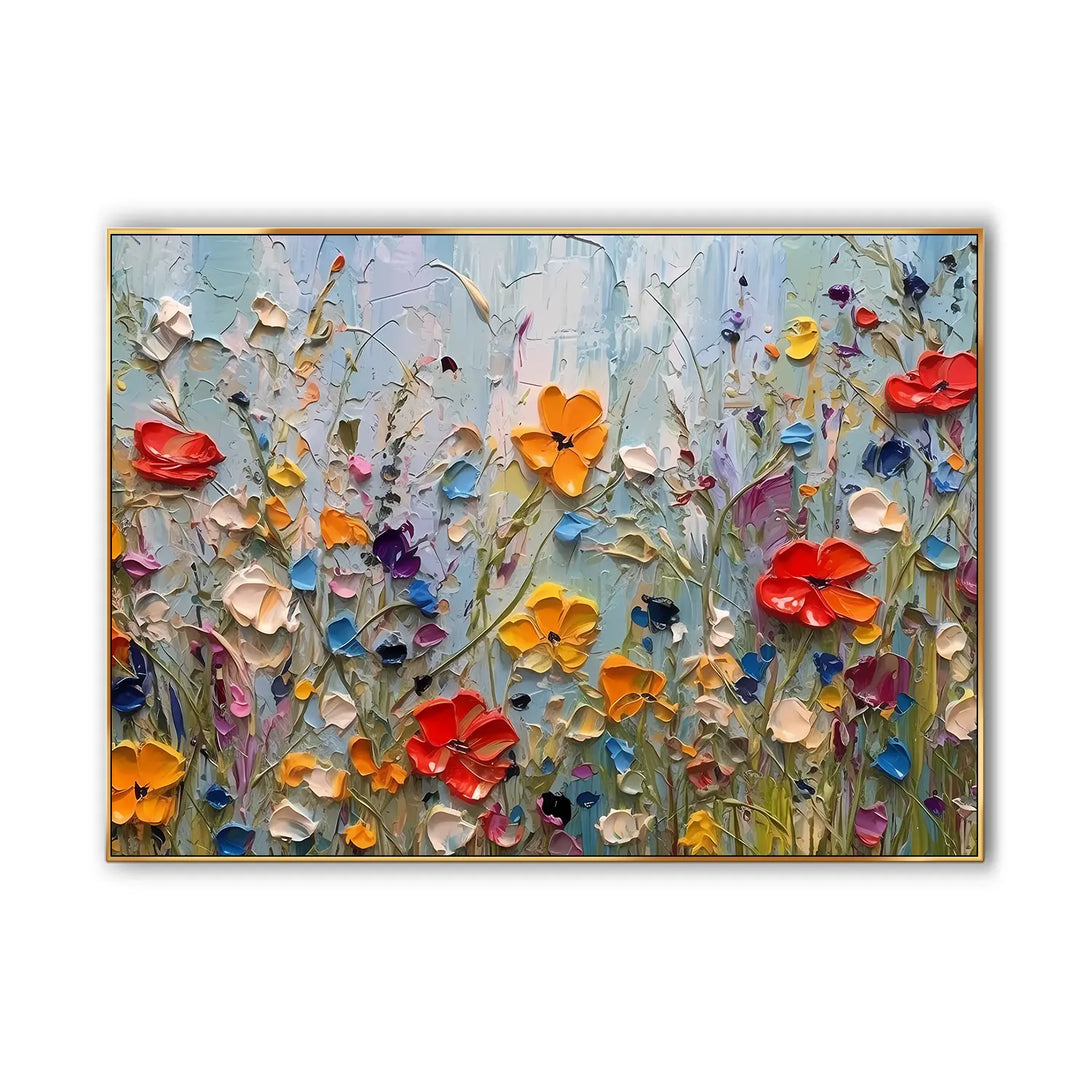 An abstract textured painting with many flowers in orange, red, blue, white, etc.