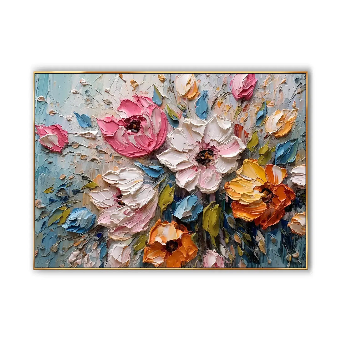 An abstract textured painting with many flowers in pink, orange, blue, etc. 