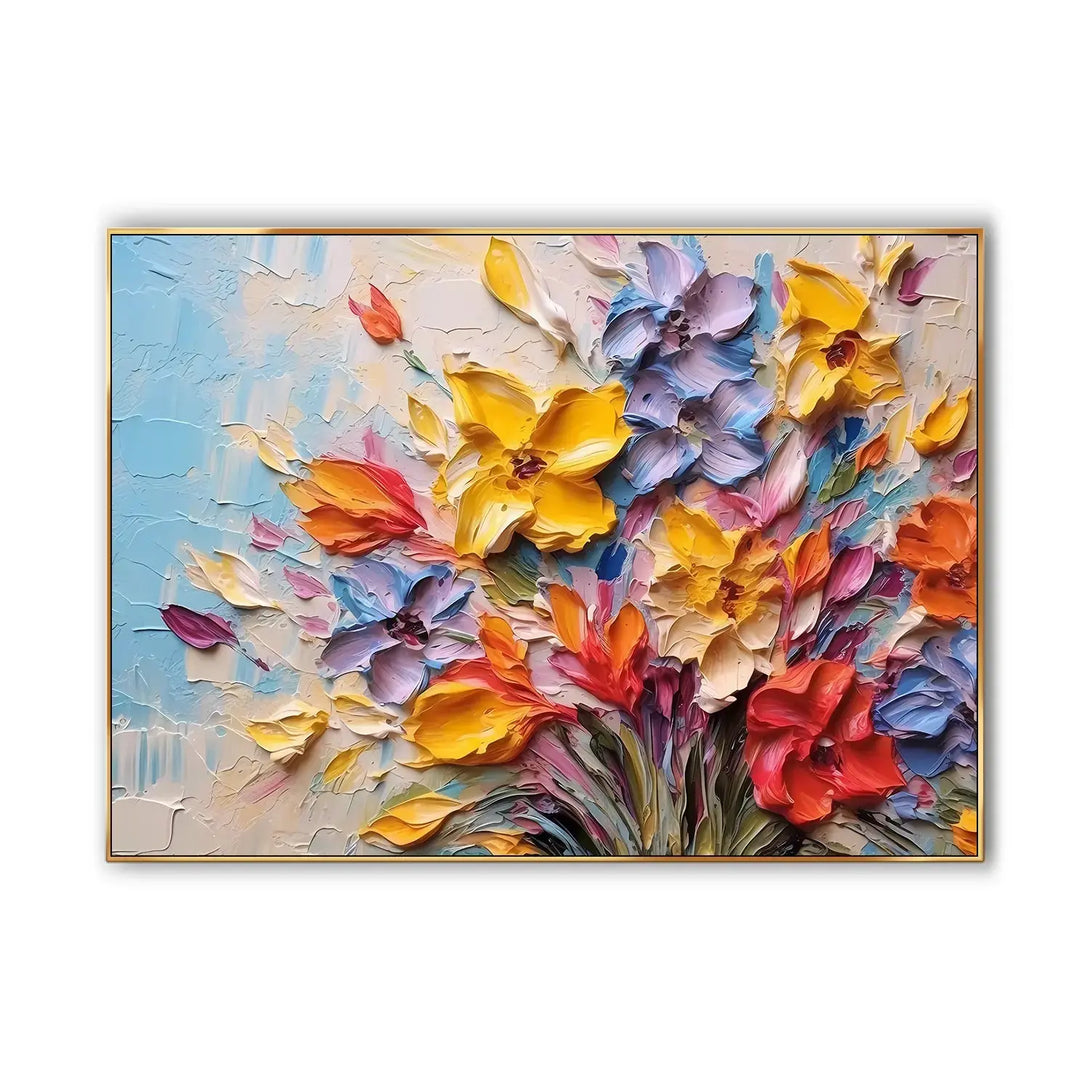 An abstract textured painting with many flowers in red, yellow, purple, blue, etc.