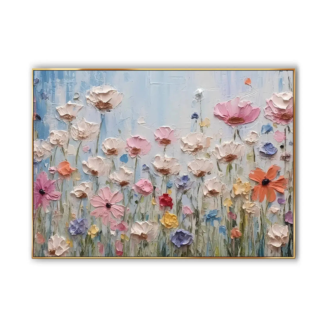 An abstract textured painting with many flowers in pink and purple, against a blue backdrop. 