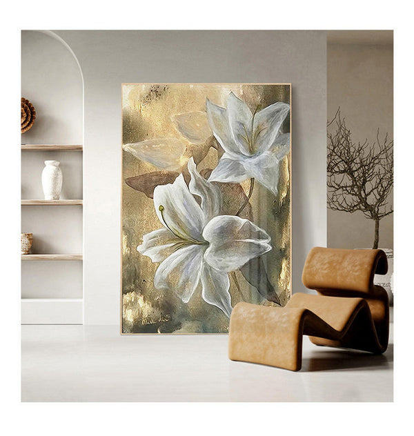 Abstract floral painting featuring white lily petals set against a golden background in a vertical format canvas