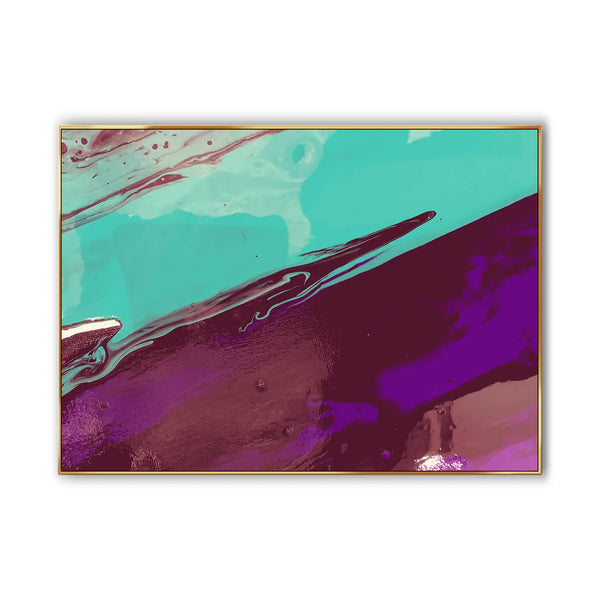A large multi-colored graffiti/fluid art in green and dark purple, hand painted on canvas abstractly 