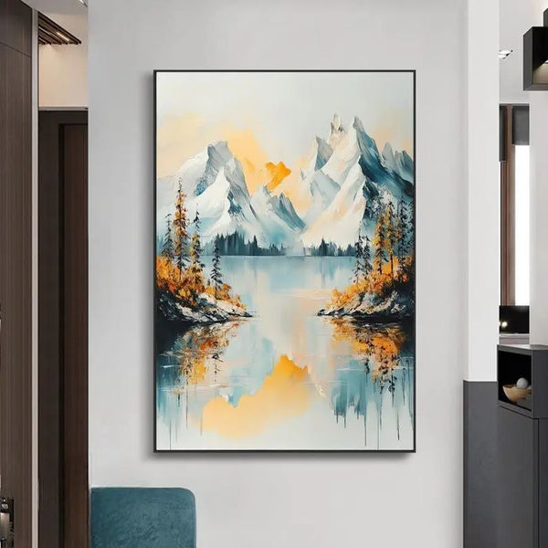 Abstract mountain and lake painting in orange and greyish blue tones, featuring textured brushwork and a tranquil landscape by Adi Cheng.