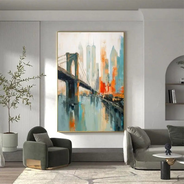 Abstract vertical cityscape painting of New York City in textured blue and orange hues by artist Adi Cheng.