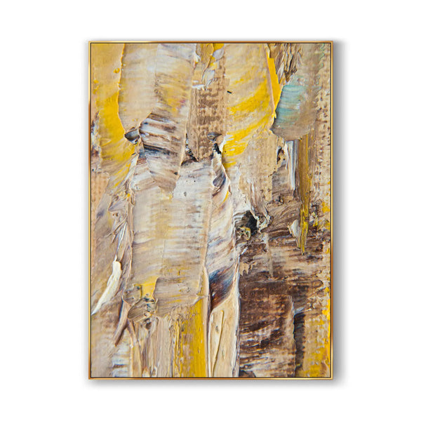 An abstract textured yellow and brown painting.