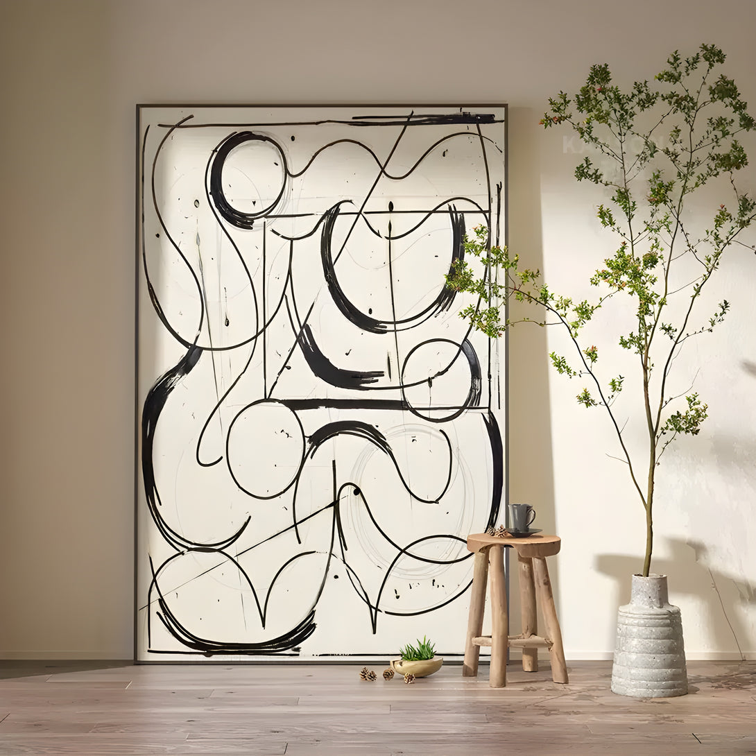 An abstract artwork with black and beige patterns