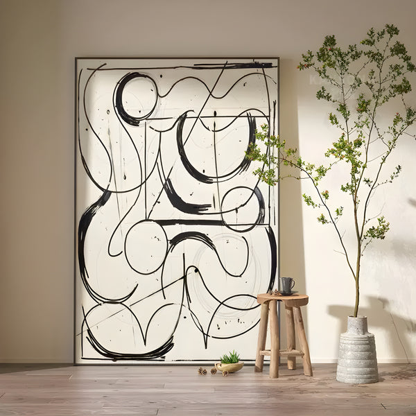 An abstract artwork with black and beige patterns