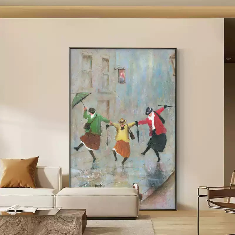 An expressive painting of three individuals joyfully dancing in the rain