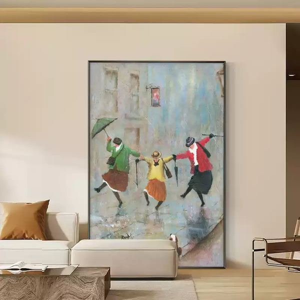 An expressive painting of three individuals joyfully dancing in the rain