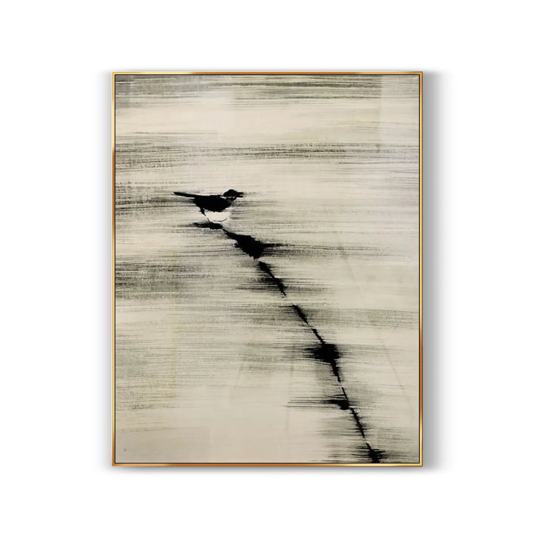 A beige and grey Wabi-sabi wall art piece showing a black bird. 