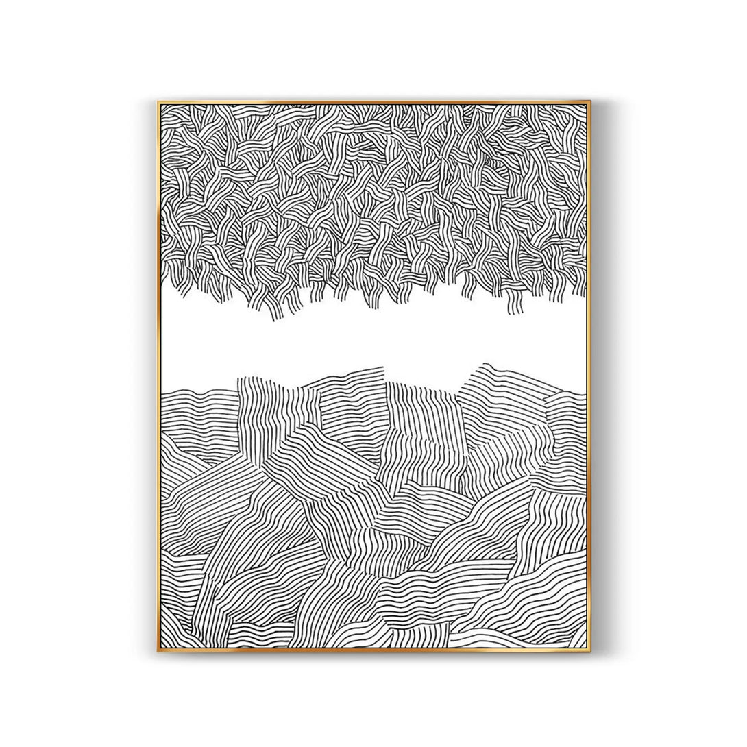 A contemporary minimalist art with rich and various black patterns on a white canvas. 