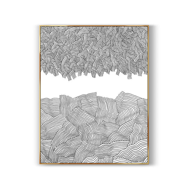 A contemporary minimalist art with rich and various black patterns on a white canvas. 