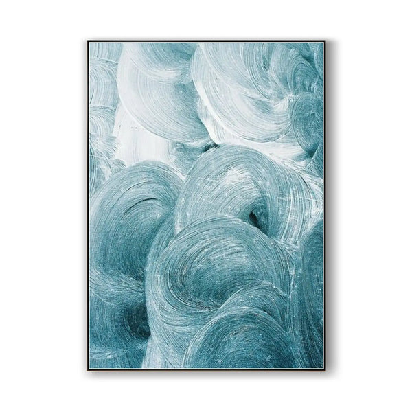A large contemporary abstract blue minimalist painting, with multiple fluffy textured ball patterns. 