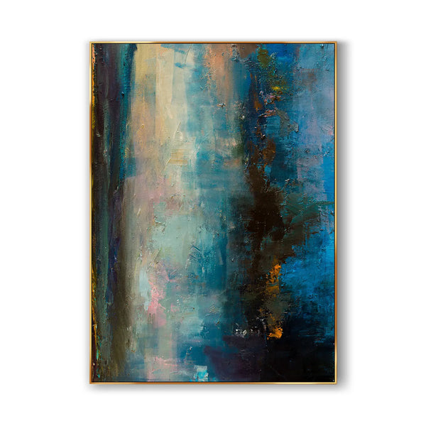 An abstract textured painting with varying shades of blue, and pink. 