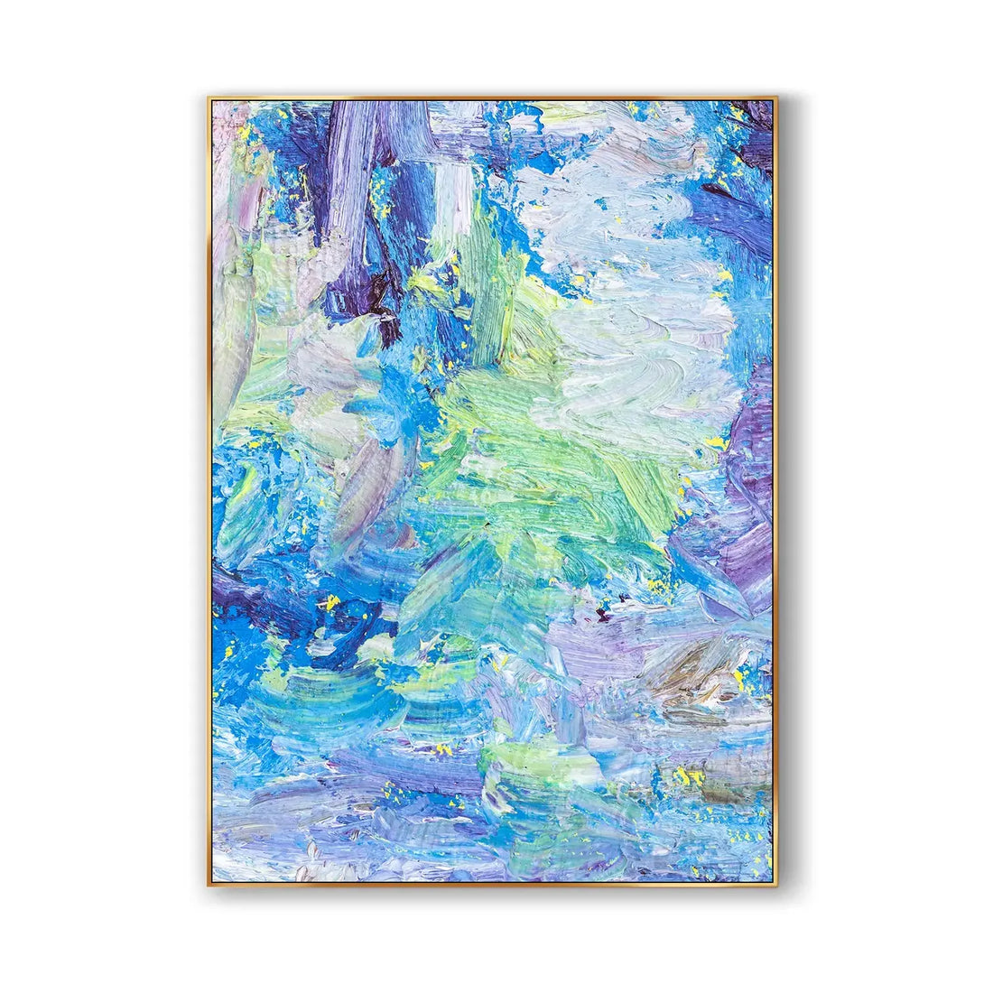 An abstract textured painting with blue as the main color, adorned by white, yellow, purple and white 