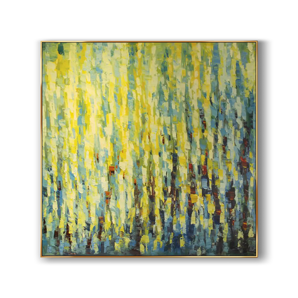 A blue and yellow abstract painting on canvas