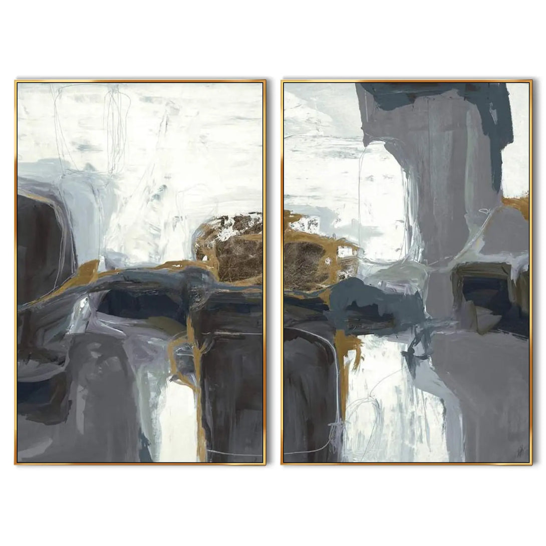 set of 2 vertical colorful abstract canvas art, featuring dark blue, grey, white, etc. 