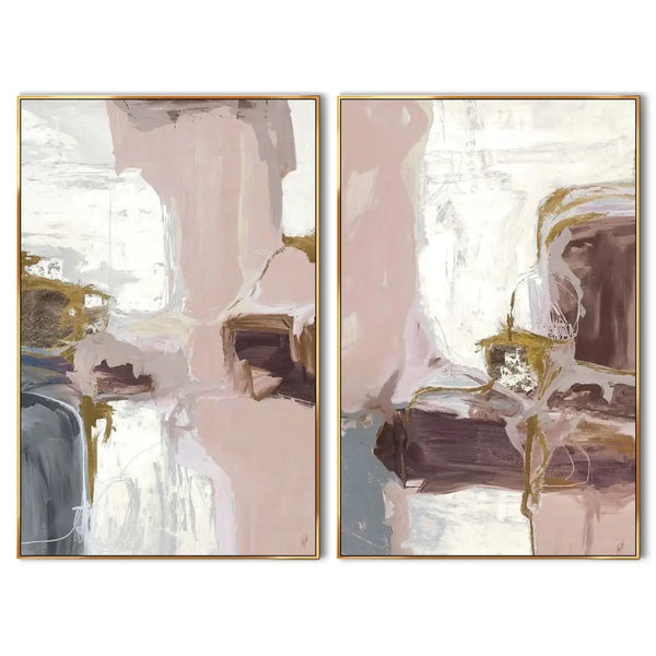 set of 2 vertical colorful wall art on canvas, featuring pink, white, earthy yellow, blue, etc. 
