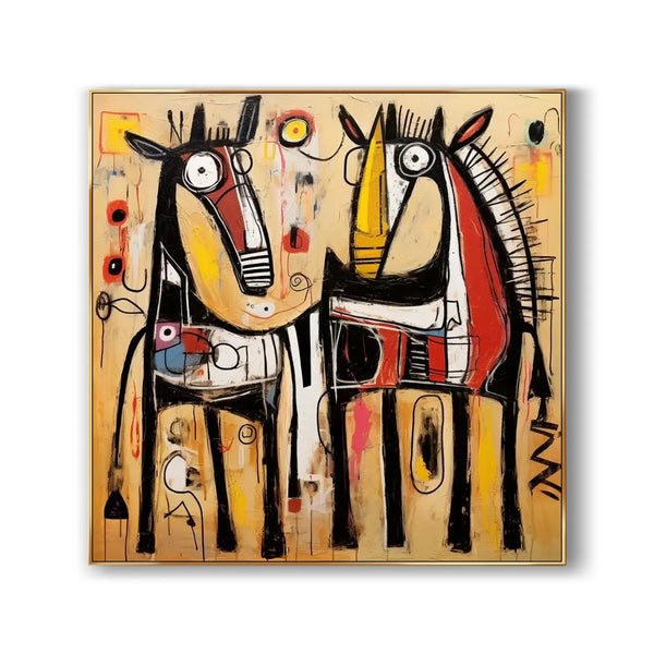 A handpainted square abstract wall art of 2 horses facing each other, featuring black, red, white, yellow and other colors. 