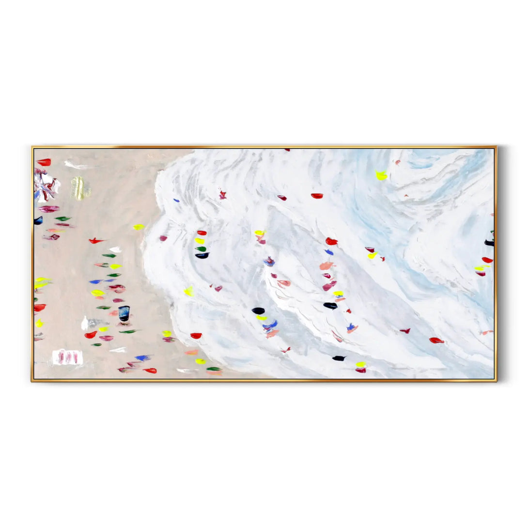 A colorful abstract painting depicting the seaside and ocean waves in white, the beach in beige, and people taking vacations in bold colors. 