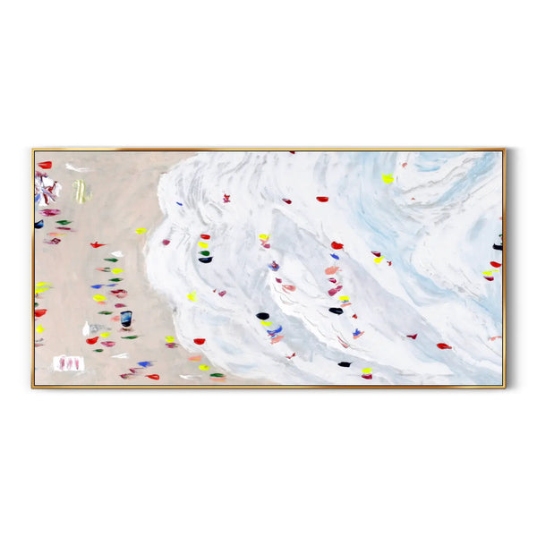 A colorful abstract painting depicting the seaside and ocean waves in white, the beach in beige, and people taking vacations in bold colors. 