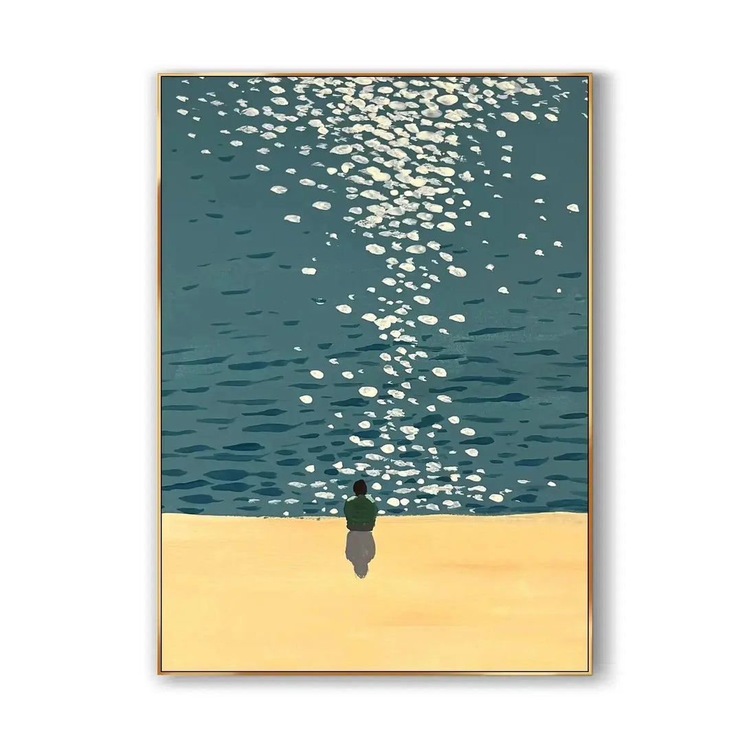 A large vertical handmade abstract painting of a figure sitting on the beige beach while facing the green ocean.