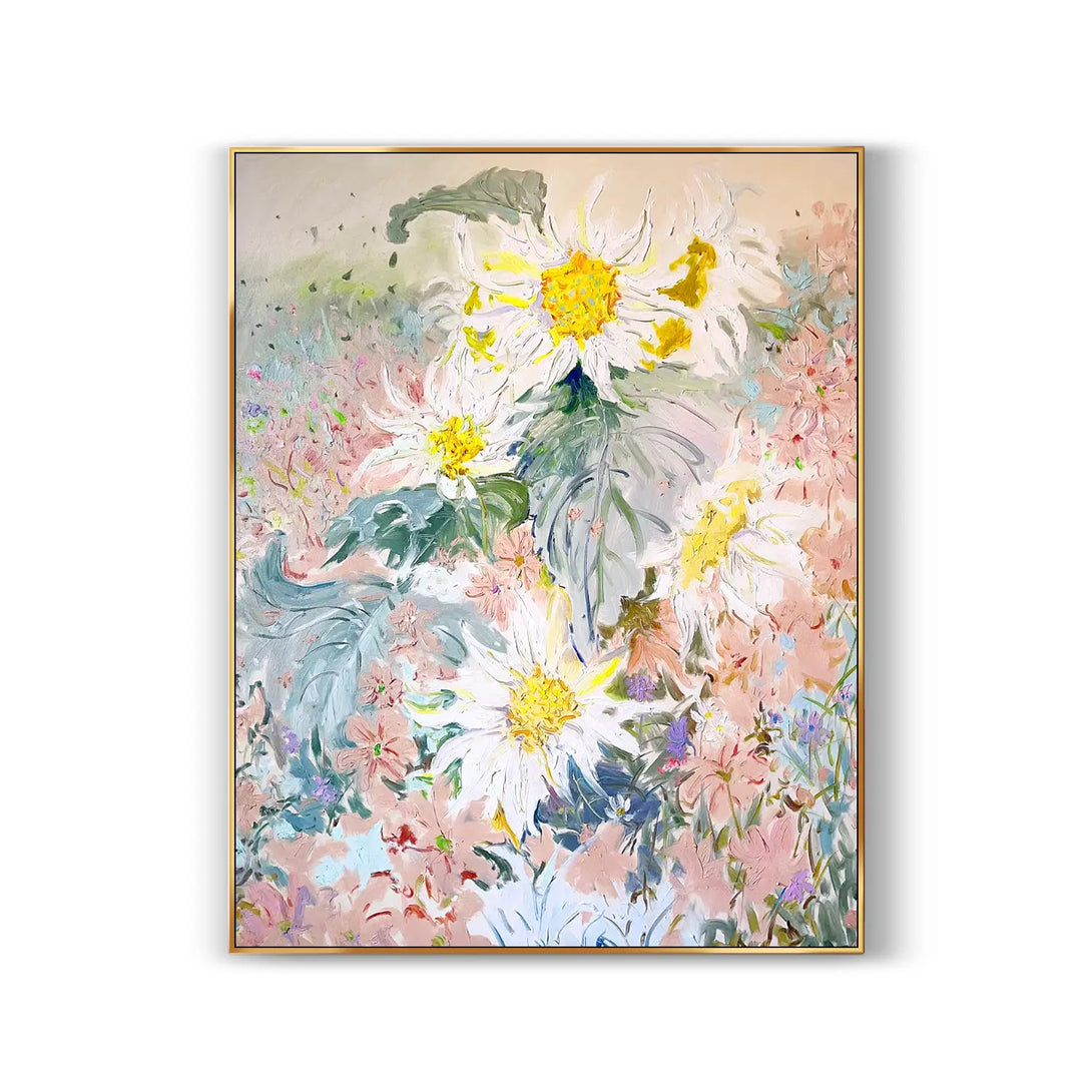 A large vertical colorful painting features white flowers with yellow pistils, green leaves, as well as pink and purple flowers. 