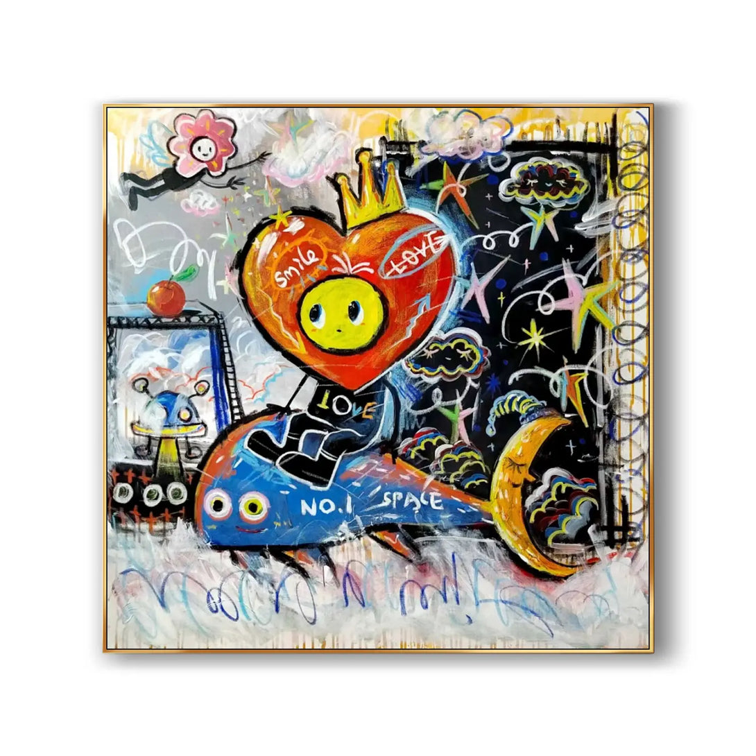 A large square graffiti art featuring a red heart, a fish and other elements. 