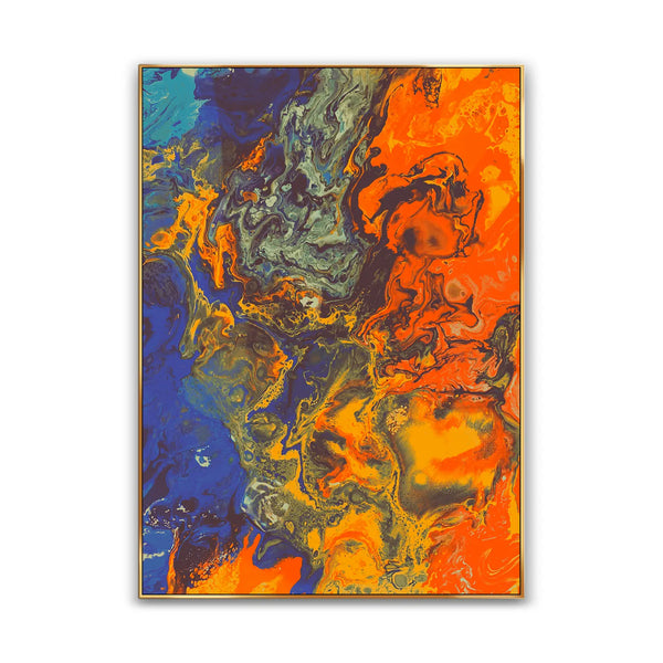 A large abstract graffiti painting mixing orange, blue, green, yellow and purple